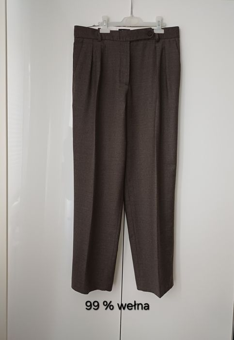 Massimo Dutti wełniane spodnie brązowe taupe w kant szerokie nogawki wełna