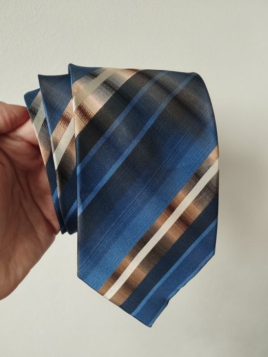 Krawat jedwabny 100% silk, 9cm, beżowy, granatowy, w paski