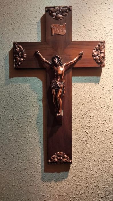 Crucifixo vintage BRONZE e madeira Séc.XIX(19)