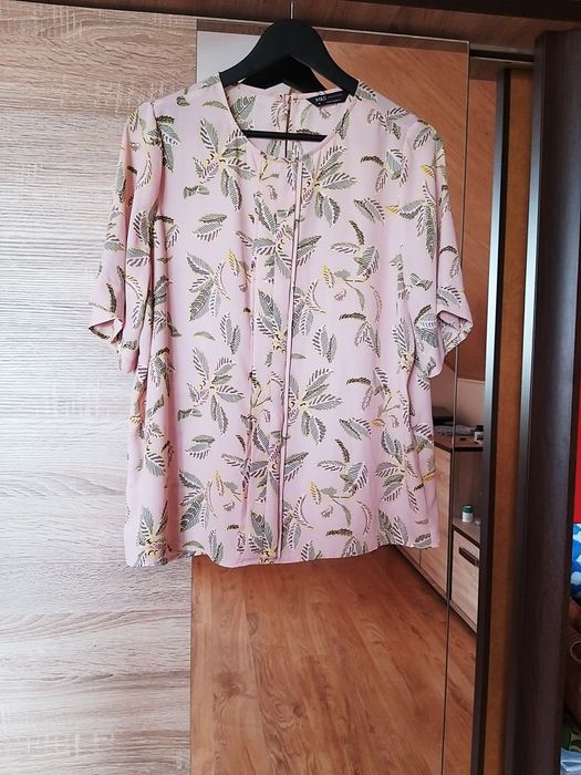 Zwiewna bluzka M&S 44 XXL rożowa róż palmy boho etno koszulka rękaw
