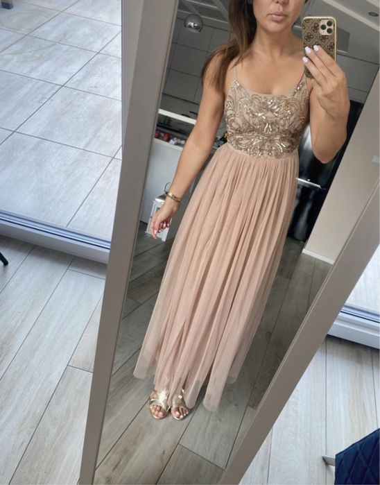 Złota sukienka Asos maya deluxe 38 M długa w cekiny