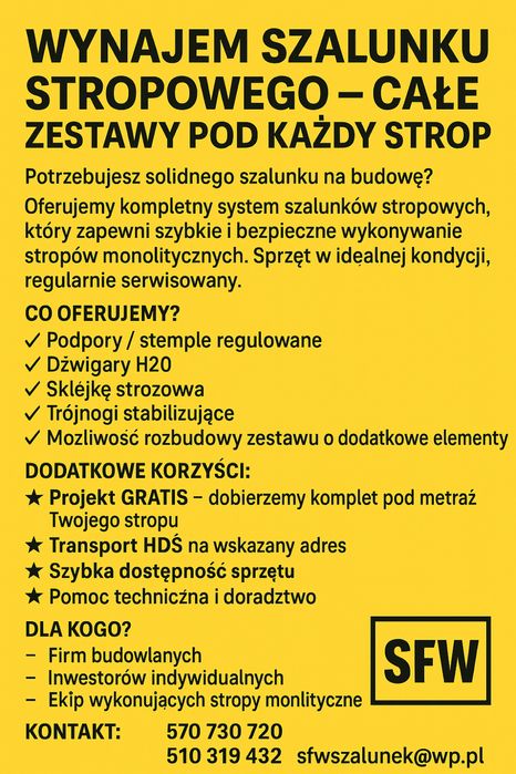 Wynajem szalunku stropowego podpory doki stemple sklejka
