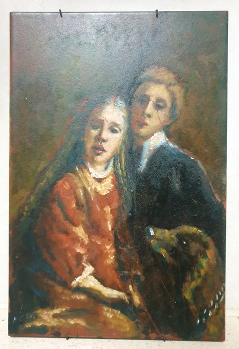 Azulejo com pintura romântica em óleo assinada "casal com cão"