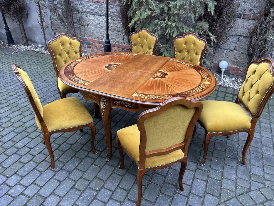 Stół Ludwikowski + 6 Krzeseł Ludwik Intarsja Jadalnia Po Renowacji