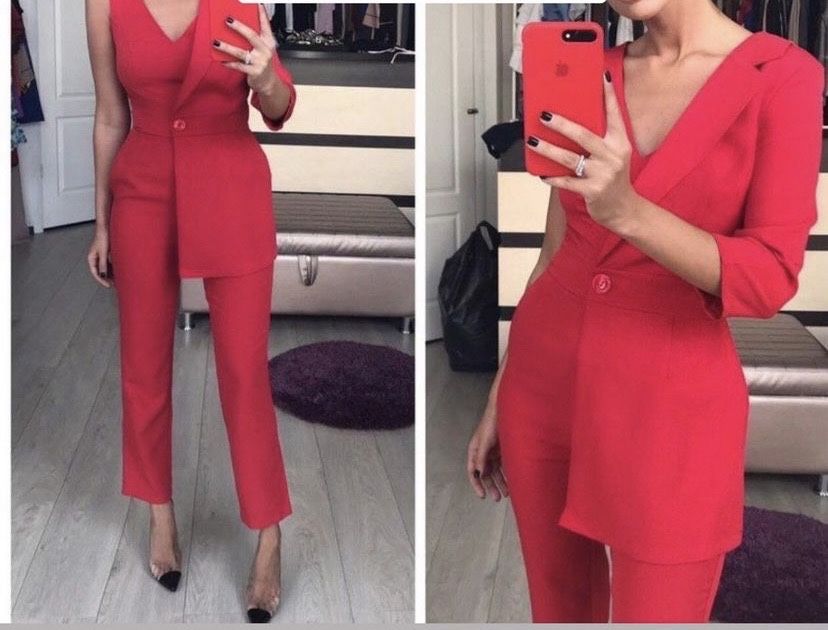 Ефектний червоний комбінезон на одне плече з одним рукавом, розмір S-M