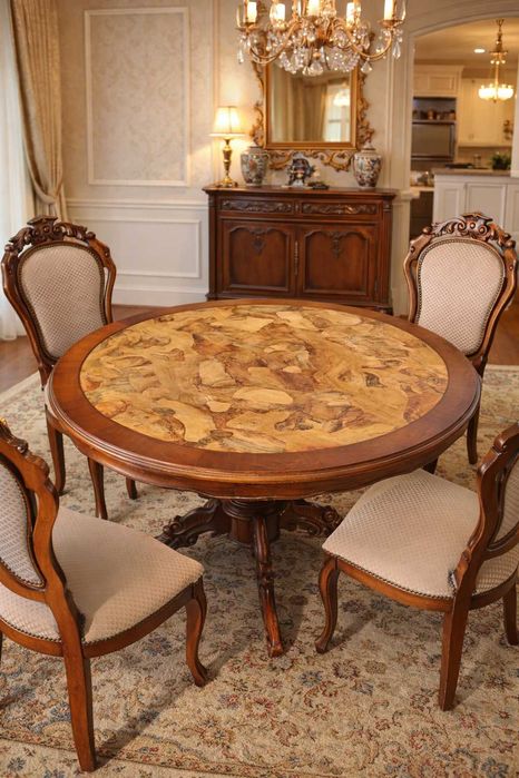 Stylowy drewniany stół okrągły + 4 krzesła elegancki zestaw do jadalni