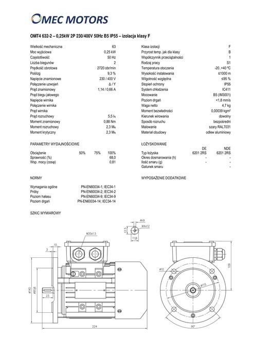 silnik elektryczny 0,25kW 2900obr. 3fazowy 63B5 OMT