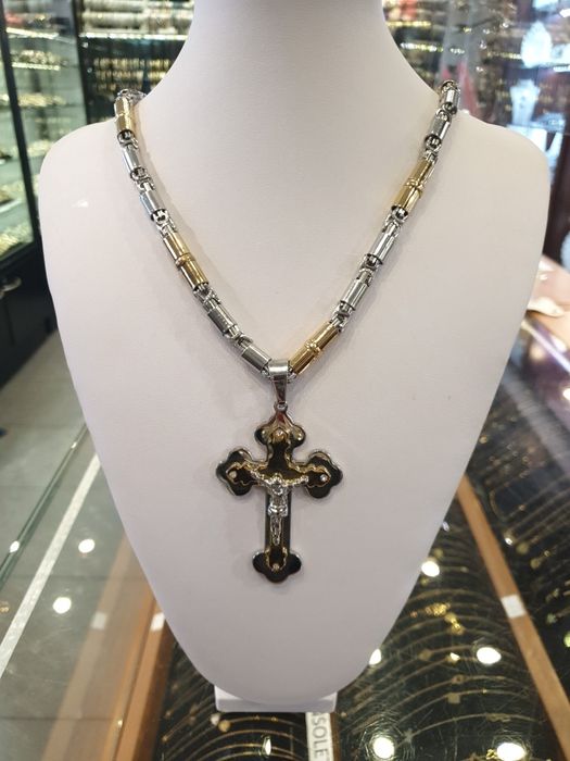 Komplet męski łańcuszek I krzyż splot królewski stal  60 cm