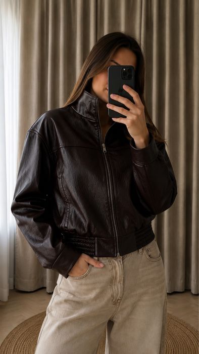 Куртка шкіряна бомбер Zara коричнева ХС