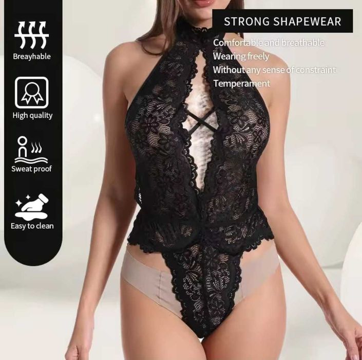 Seksowny kombinezon z wycięciem na plecach koronkowy czarny rozmiar L