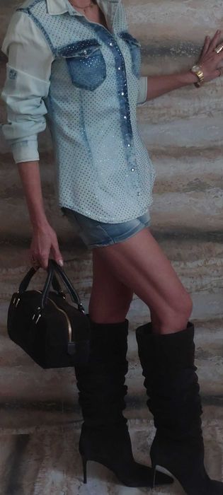 Piękna koszula z denimu zdobiona błękitnymi cyrkoniami Marki D&she