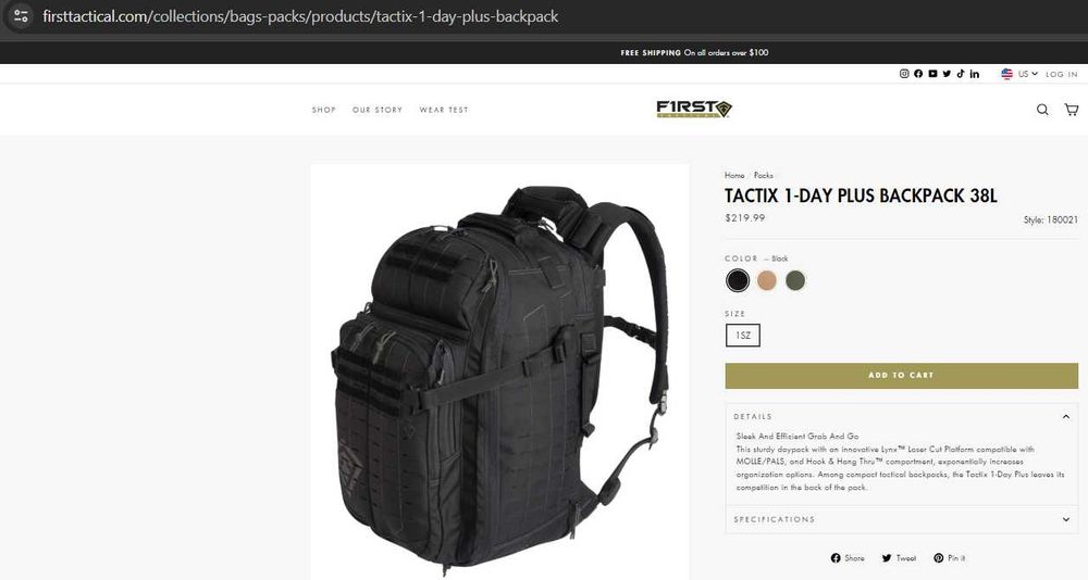 Військовий рюкзак наплічник First Tactical TACTIX 1-DAY PLUS 38Л