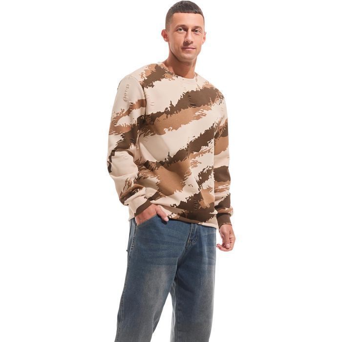 Męska bluza polarowa crewneck - ocieplana, moro beżowa, XXL