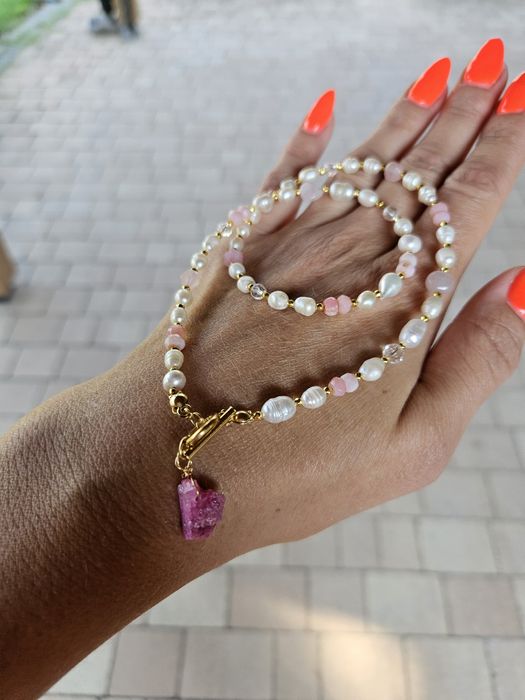 Naszyjnik kamienie naturalne Perły naturalne Opal peruwiański Kwarc