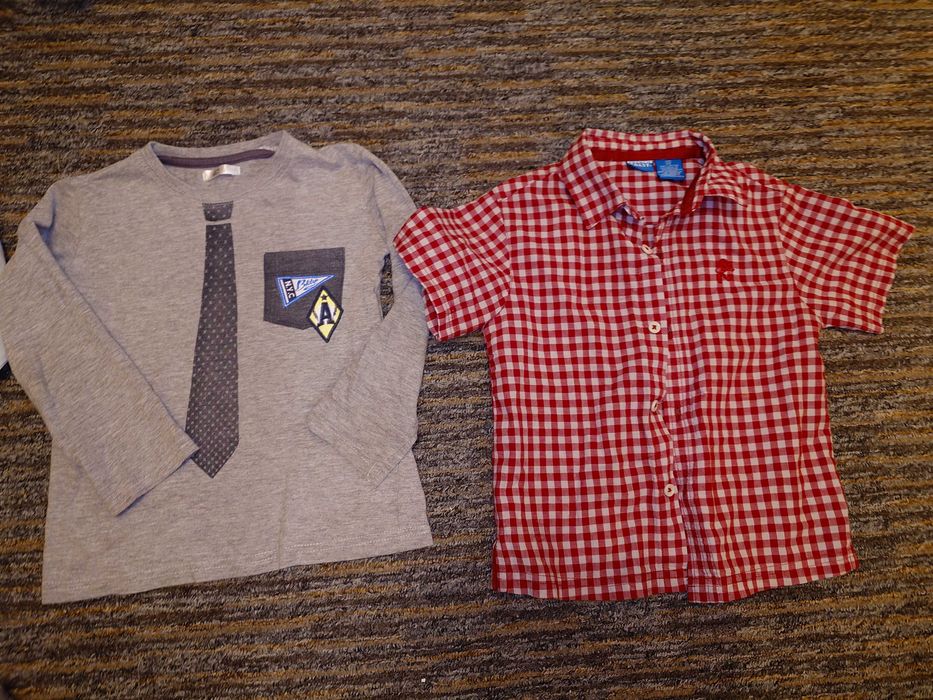 104/110: 3 x bluzka z dł. ręk., koszula, podkoszulek, krótkie spodenki