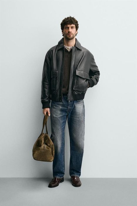 Шкіряна куртка  бомбер zara з кишенями