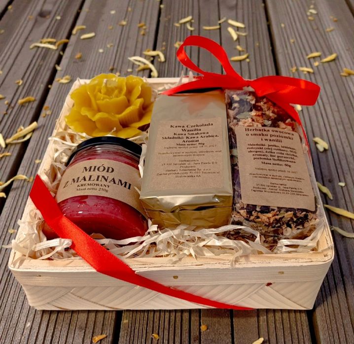 Zestaw Prezent Kawa Herbata Miód Świeca Róża Wielkanoc Upominek