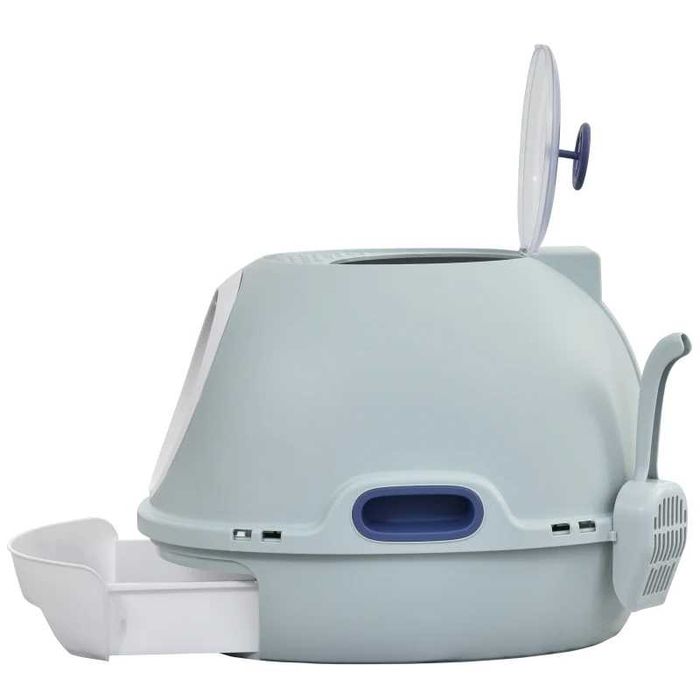 Caixa de areia para gatos com bandeja amovível e pá – azul