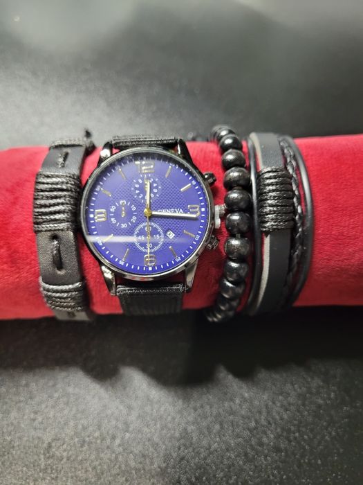 Zegarek męski z niebieską tarczą pasek z materiału z bransoletami