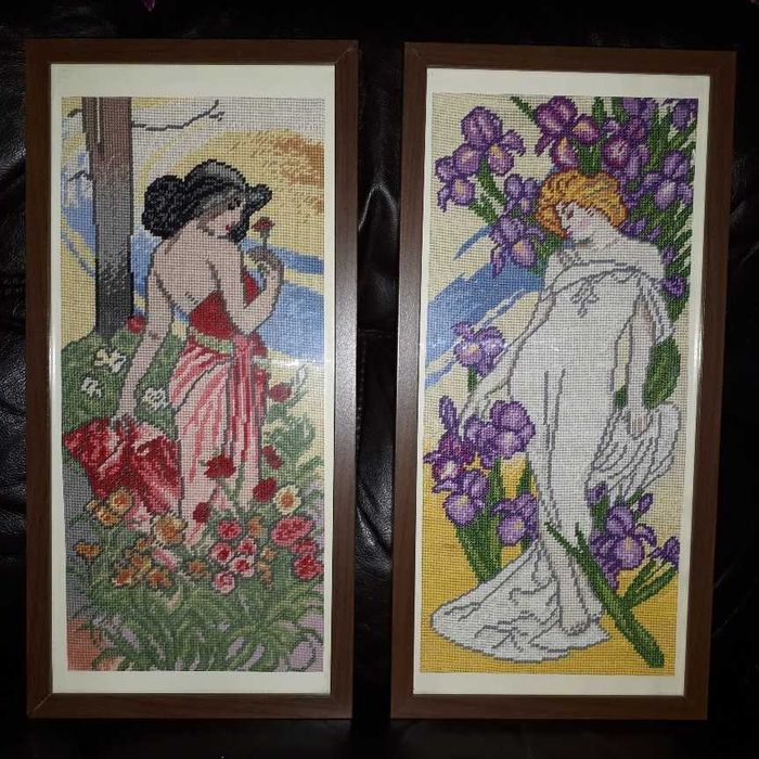 2 obrazy haft krzyżykowy damy kobiety kwiaty