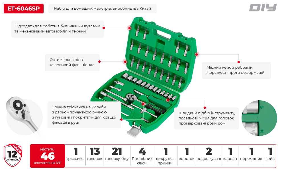 Набір інструментів, 1/4", 46 од., INTERTOOL ET-6046SP