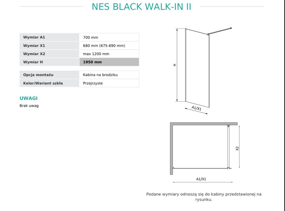 Ścianka Radaway NES BLACK WALK-IN II 195x70