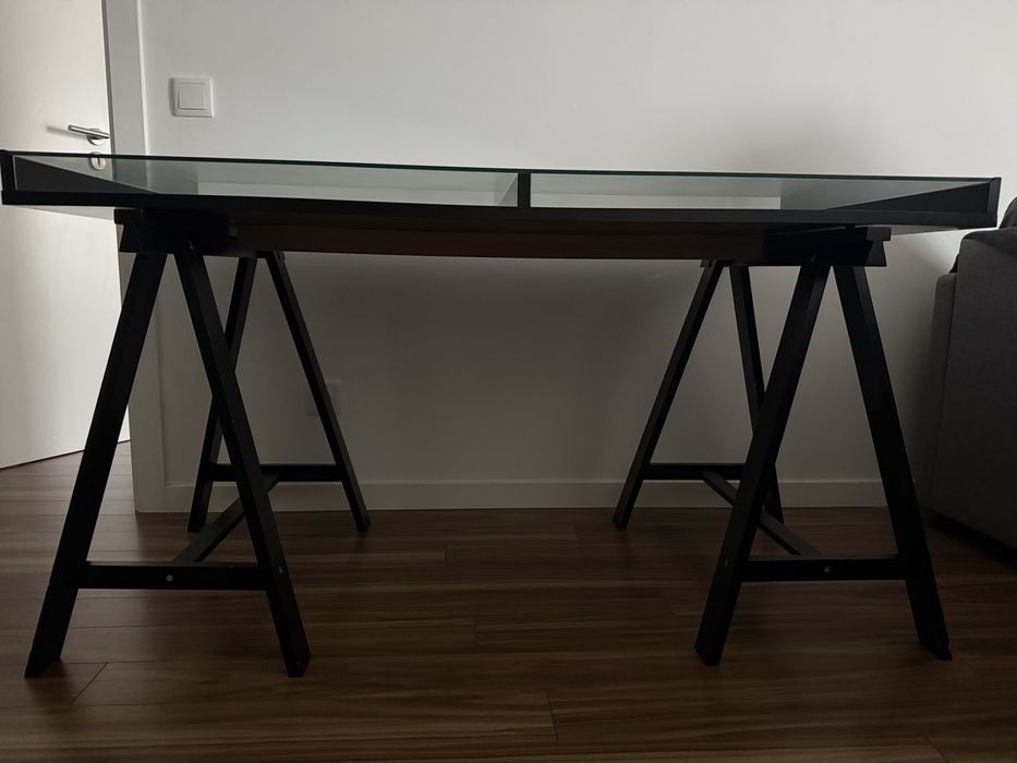 Secretária IKEA madeira c/ tampo de vidro