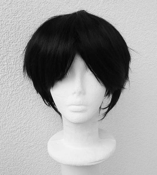 Męska krótka czarna peruka z grzywką cosplay wig czarny krótki wig