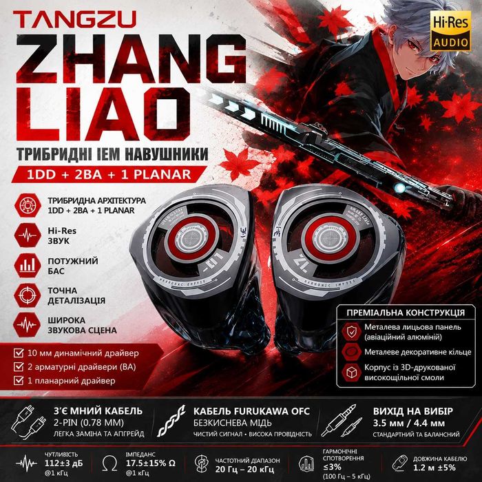 ‼️ TANGZU ZHANG LIAO (Jack 4.4) - игровые трибридные IEM наушники, (1DD+2BA+1Planar, Hi-Res)