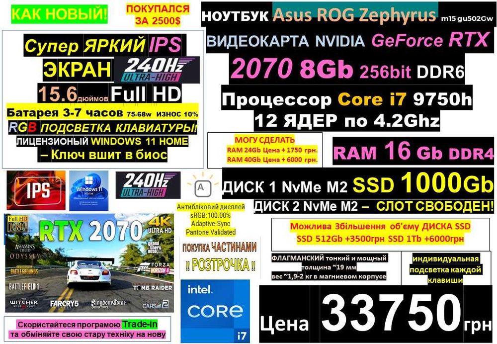 100+ Ноутбуків в Одесі‼️Traid-Inℹ️ НОВЫЙ ASUS ROG Zephyrus/ 240Hz‼️Core i7‼️RTX2070 8Gb/SSD 1000Gb/RAM 16-32Gb