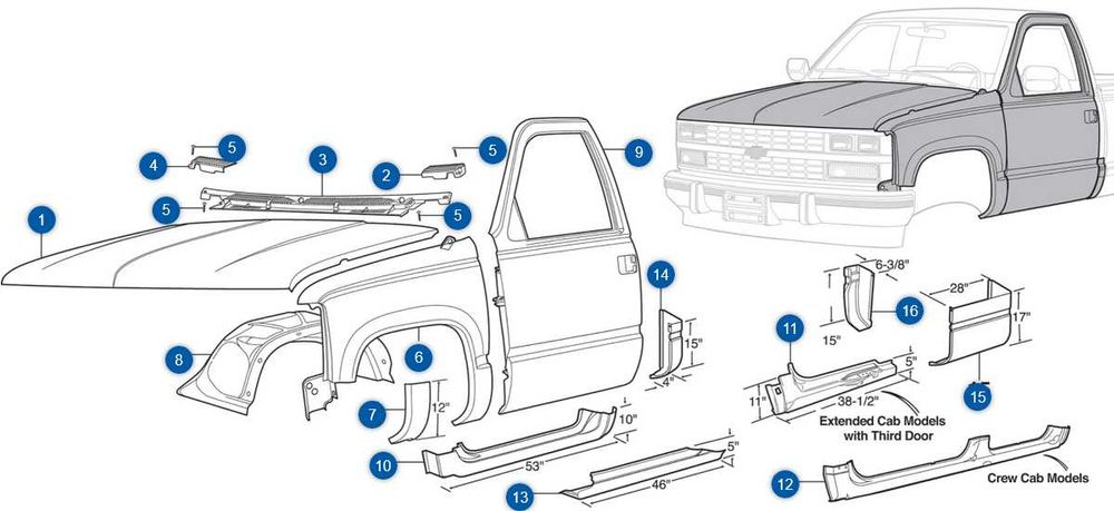 1988-98  Chevy & GMC Truck reperaturki kabiny NOWE z USA