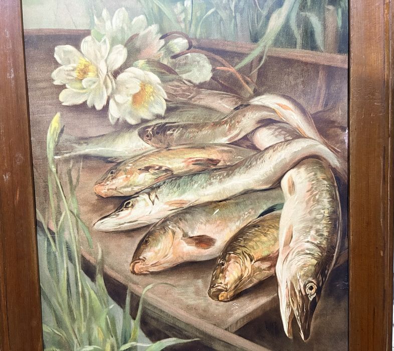 Grande antigo quadro com litografia sobre cartão motivo peixes / pesca