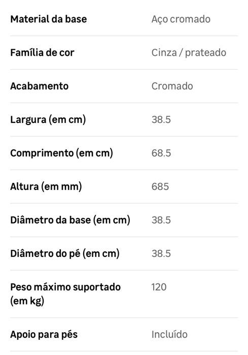 Bases pé bancos alto bar cozinha ilha aço cromado “Delinea”