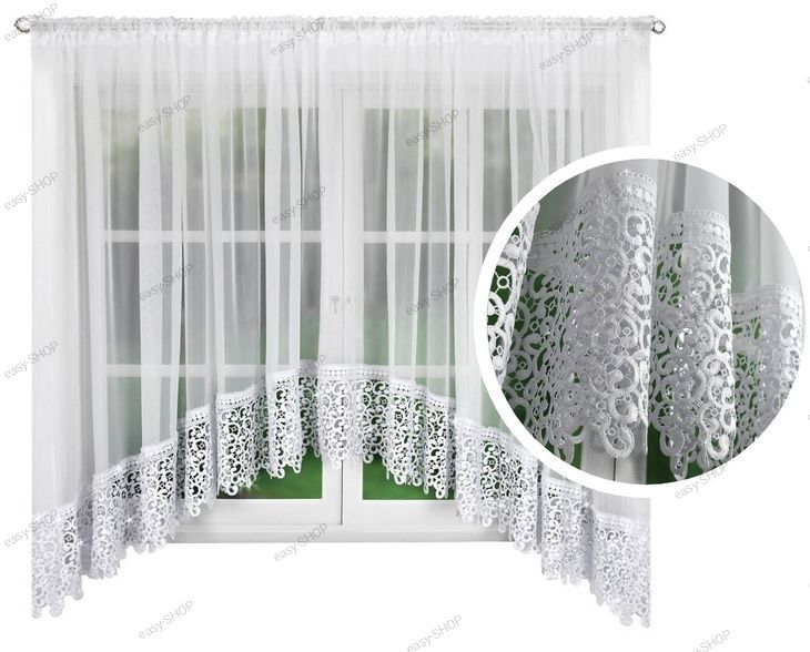 Biała firana 175x400 wzór łuk z gipiurą