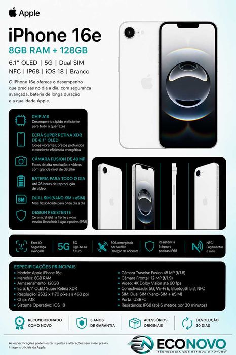 EN Apple iPhone 16e 8GB 128GB 6.1 OLED 5G Dual SIM NFC IP68 iOS 18 Branco