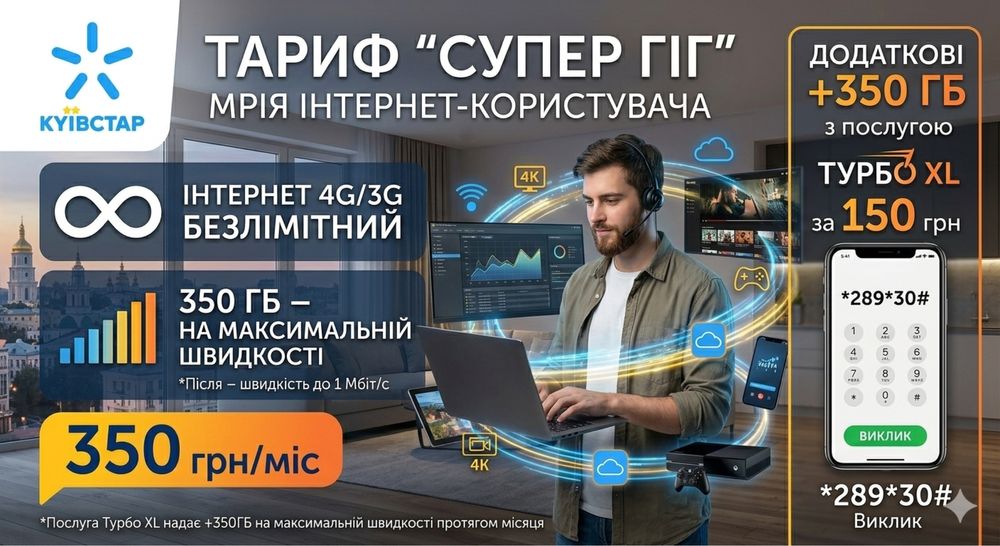 СУПЕР ГІГ Безлімітний* 4G 3G інтернет Київстар 700Гб/міс АКЦІЯ 10+1