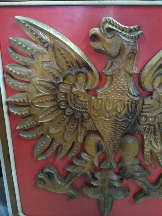 Godło polski PRL bardzo duże drewniane płaskorzeźba