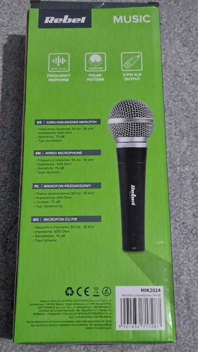 NOWY Mikrofon Dynamiczny Przewodowy REBEL DM-80 MIK2024 z kablem (1/2)