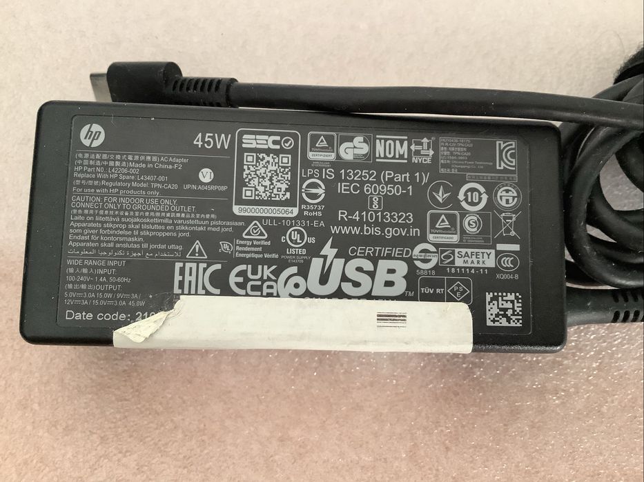 AC adaptador - Carregador original HP TPN-CA20 45W conector USB-C