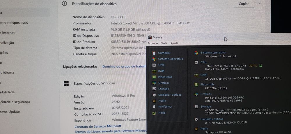 Pack Pç HP-600G3+Lcd 22"P 7ªG|I5-3.4G|16G|NVMe-256+HDD500|Kit|Wifi|W11