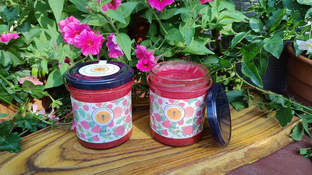 Naturalny miód z maliną 400g – polski miód prosto z pasieki z maliną.