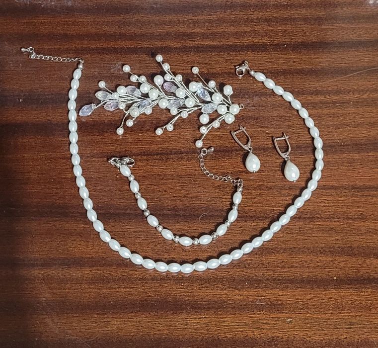 Весільний набір, сережки, браслет, заколка, намисто