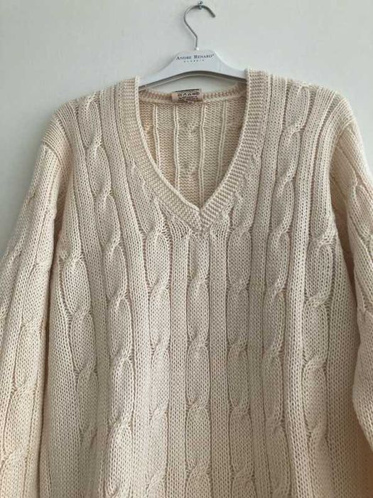 Kremowy sweter w serek, 100% wełna, Vintage.