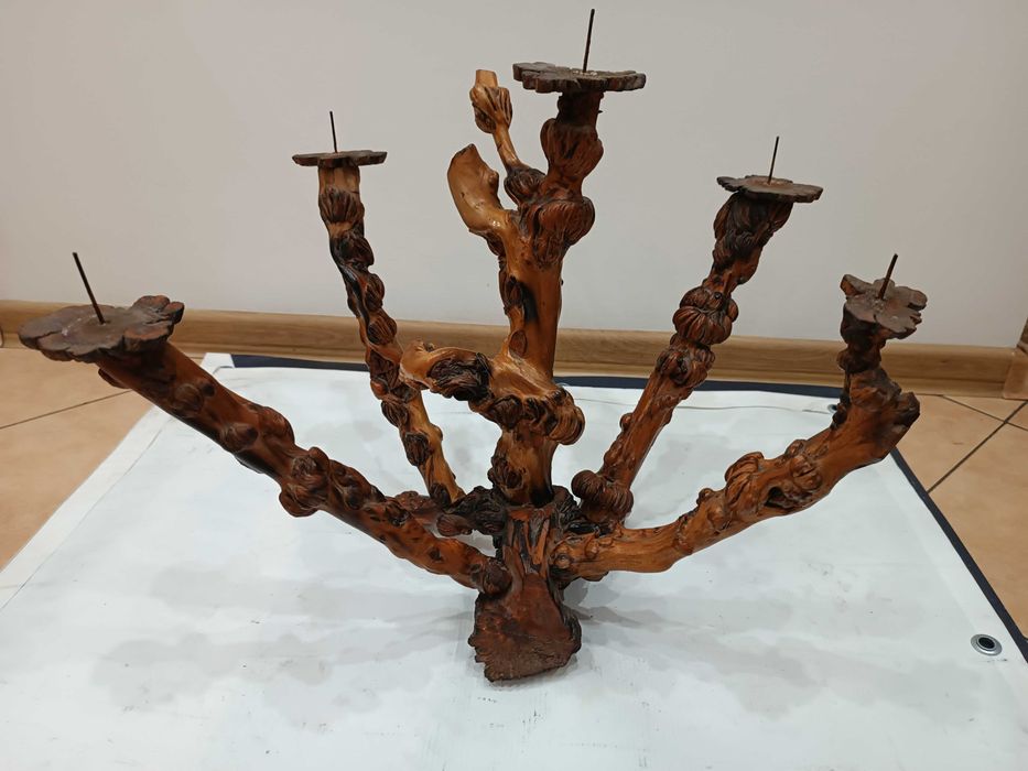 Świecznik drewniany z korzenia, rękodzieło z PRL