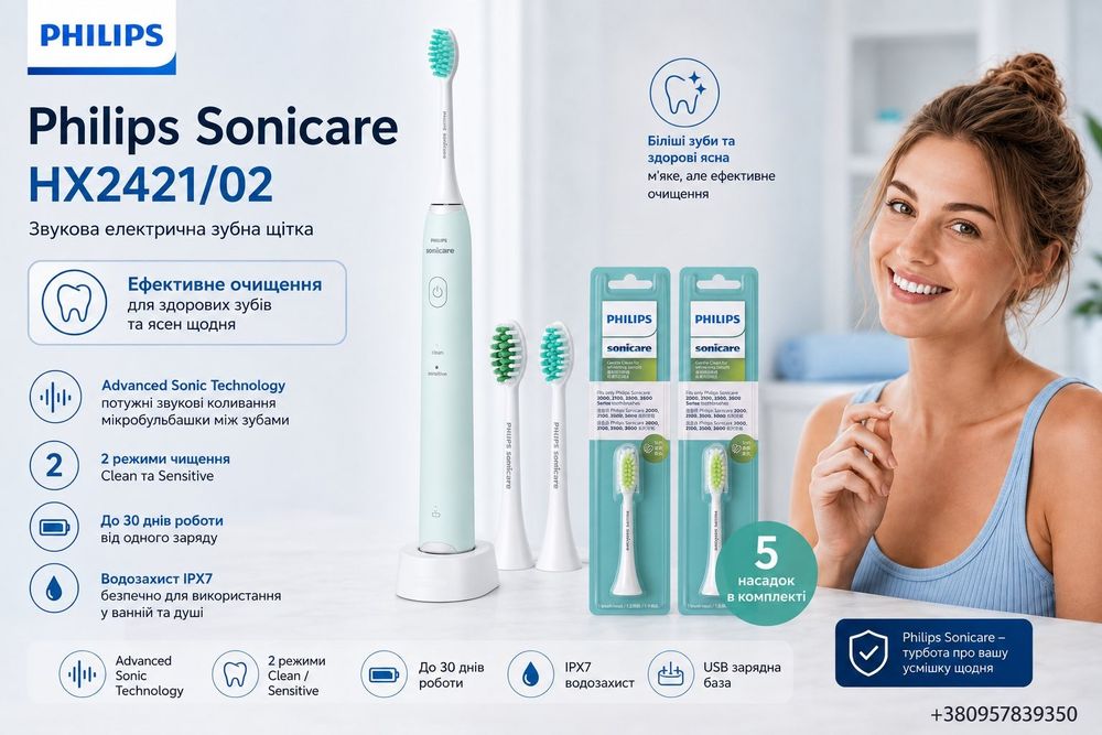 Зубна щітка Philips Sonicare Series 2100 HX2421/02 — звукове очищення, 2 режими, IPX7, до 30 днів роботи та 3 насадки в комплекті.