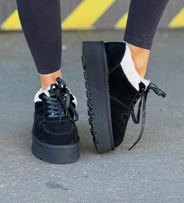 Зимние женские замшевые кроссовки с мехом натуральная замша черные