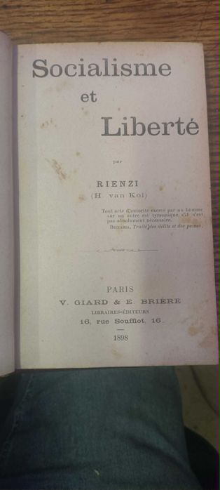 Livro Socialisme et liberté  por Rienzi (H. Van Kol)1898 em frances