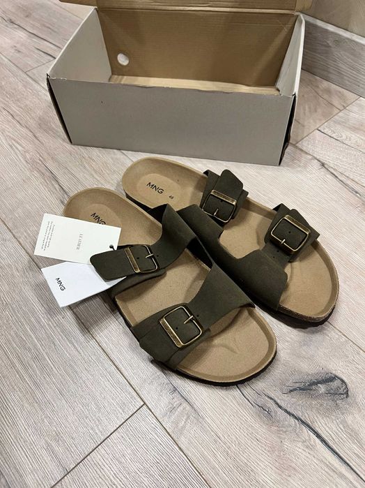 Skórzane klapki Маngо w stylu Віrkеnstосk, rozmiar 46