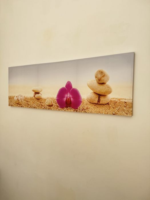 Quadro Decorativo Zen com Flor e Pedras — 154x54 cm