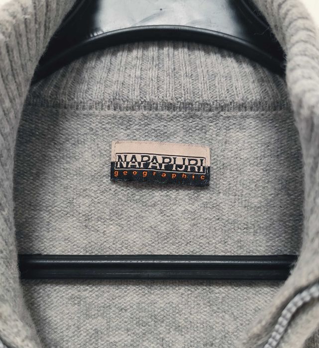 Męski Sweter Półgolf Dzianinowy Wełniany Szary Napapijri |R. XL